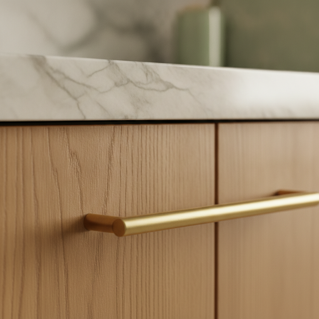 Close-up of natural stone and warm wood material details